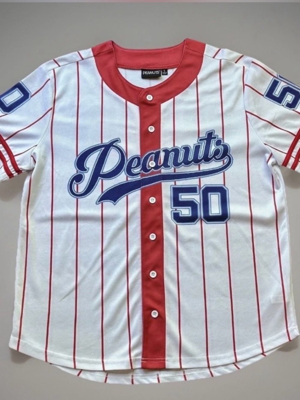Peanuts Women’s ' White & Red Striped Baseball Jersey - 'Good Grief'